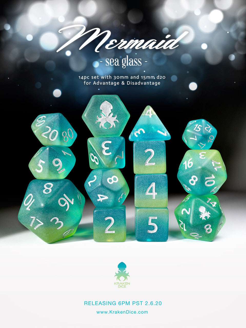 Mermaid Sea Glass 14pc Silver Ink Matte Dice Set